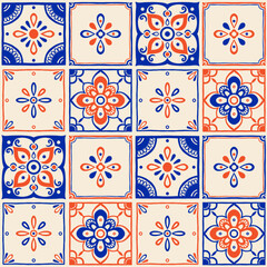 Seamless mediterranean tile pattern with hand drawn floral and geometric motifs in blue and beige colors, traditional ceramic design inspired by italian, spanish and portuguese vintage tiles