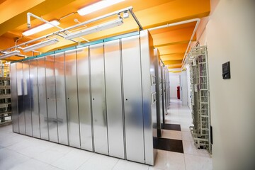 Server racks featuring cable trays, fluorescent lights, patch panel and extinguisher, flat design