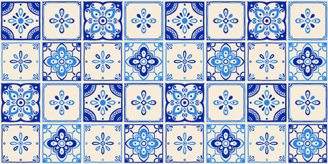 Seamless mediterranean tile pattern with hand drawn floral and geometric motifs in blue and beige colors, traditional ceramic design inspired by italian, spanish and portuguese vintage tiles