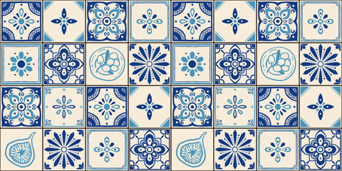 Mediterranean ceramic tiles seamless pattern. Azulejo arabesque. Portuguese, Spanish, Turkish, Indian, Islamic, Arabic decor. Geometrical and floral traditional national ornament. Vector illustration.