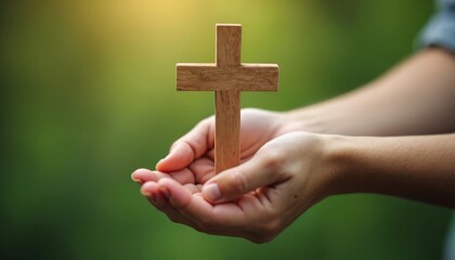 Hands gently cupping wooden cross. Symbol of faith devotion reverence. Concept of spirituality prayer hope peace, christianity. Religion, belief, worship, spirituality, gratitude, reflection.