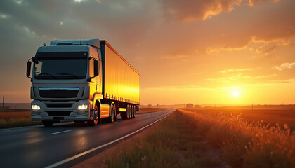 European truck on asphalt road in rural area at sunset. Transportation industry, cargo delivery, logistics concept. Commercial vehicle on highway. Scenic panoramic view of countryside at sunrise