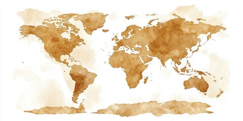 Watercolor world map, light brown, distressed effect