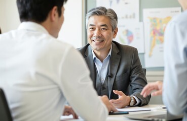 Mature asian businessman meets with colleagues in office. Senior man in suit smiles during corporate meeting. Gray hair executive shares expertise. Successful entrepreneur looks confident, explains