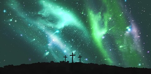 Cross religion symbol shape over sky with aurora borealis