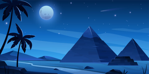 Ancient Egypt landscape. Vector illustration of the Egyptian desert at night with pyramids and sculptures, Nile River, dunes, a sandy valley, palms. Tombs of Egyptian pharaohs. Giza in African desert