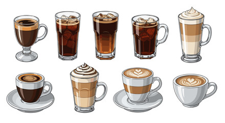 An assortment of coffee drinks in various glasses and mugs with different styles and presentations