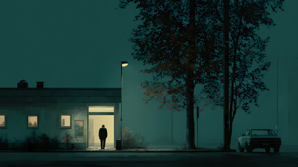 poster for indie drama film | threshold moments | lonely calm | midnight teal and cream | off-center alignment | empty streets | subsurface tonal modulation | diffuse blending | urban solitude |