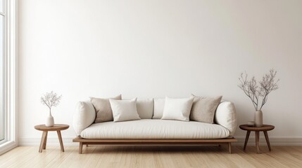 Bright, minimalist living room with off-white couch, side tables, and sparse floral decor