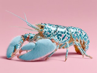 Colorful lobster with fluffy claws on a pink background showcasing unique fashion statement