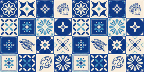 Mediterranean ceramic tiles seamless pattern. Azulejo arabesque. Portuguese, Spanish, Turkish, Indian, Islamic, Arabic decor. Geometrical and floral traditional national ornament. Vector illustration.