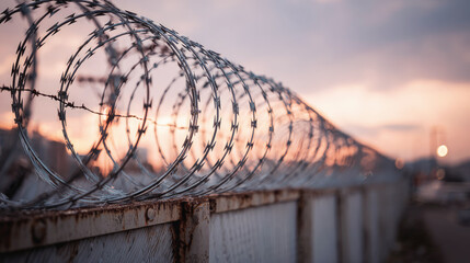 Sharp concertina wire coiled along a rusted fence at sunset, symbolizing security, restriction, and boundaries with dramatic depth and warm light contrast.