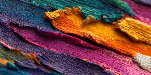 Makro zdjęcie pociągnięć pędzla w intensywnych kolorach, tworzących abstrakcyjny wzór. Bogata faktura i dynamiczne barwy idealnie sprawdzą się jako artystyczne tło.