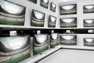 Flat design TVs are lining showroom walls with price tags, showing stadium views under LED lights