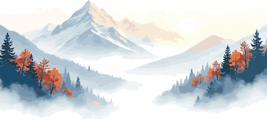 Golden mountain line art landscape on a white background, luxury design for cover, invitation, packaging, fabric, and print. Vector art, sunny day, summer.