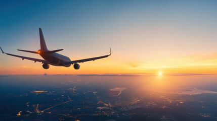 A plane is flying through the sky at sunset