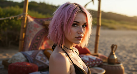 Woman with short pink wavy hair in a black bikini top at a boho beach setup at sunset. Edgy summer style and festival vibes. For alternative fashion, hair color trends, or music event promotions