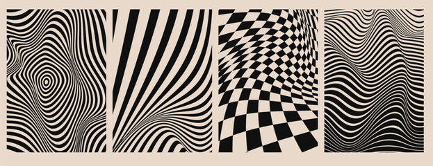 Abstract wave patterns with optical illusions - black psychedelic stripes with hypnotic distortion effects, checkered tunnel perspective for retro poster designs, trippy bg or graphics elements.
