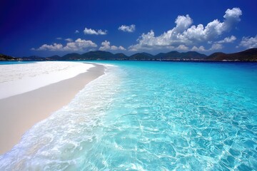 Pristine white sand beach meets vibrant turquoise water. Tranquil tropical paradise