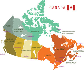 Canada multicolored map with regions location vector file.