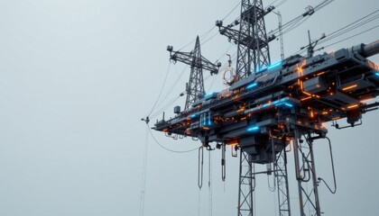 High-tech power station with intricate designs and glowing accents against a clear sky. The structures, which seem futuristic, appear strong and intricate, creating an impressive visual display