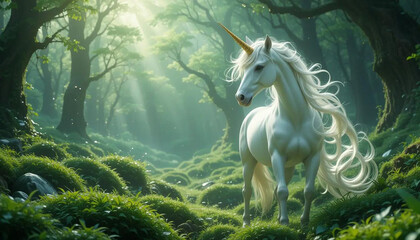 Magical White Unicorn in Enchanted Forest