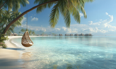 Rajska plaża z krystalicznie czystą, turkusową wodą i białym piaskiem. Na pierwszym planie huśtawka kokonowa zawieszona na palmie, a w tle domki na wodzie.