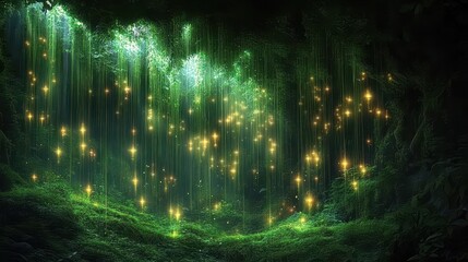 Magical forest cave, glowing vines, moss floor, fantasy background