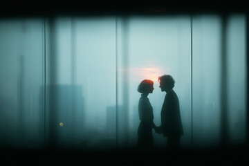 Couple holding hands silhouetted against sunset sky