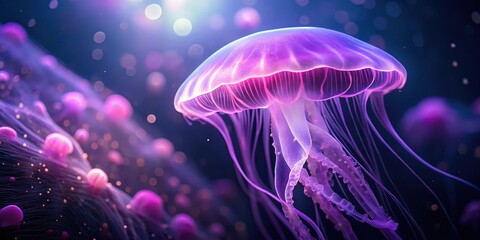 A jellyfish floats gently under the soft glow of a purple neon light in an aquarium