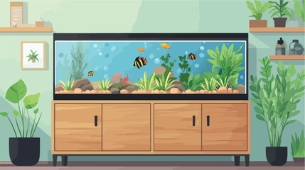 Modern Rectangular Fish Tank on Wooden Cabinet Interior Decor