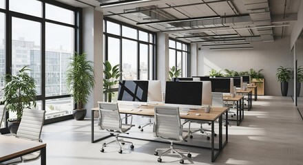 Bright and modern open office space featuring desks, chairs, plants and large windows with a city view, promoting a healthy work environment.
