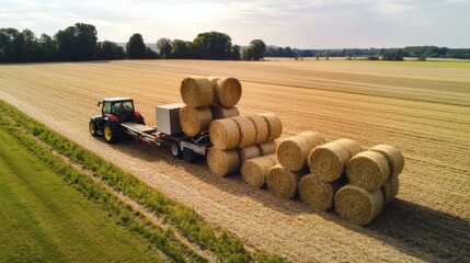 A tractor hauls hay bales across a harvested agricultural field