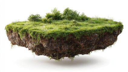 A small, floating island of rich brown soil topped with lush green grass, wildflowers, and shrubs, isolated on a white background
