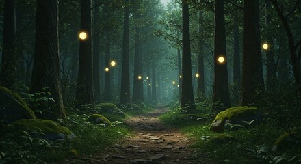 Magical forest path at night