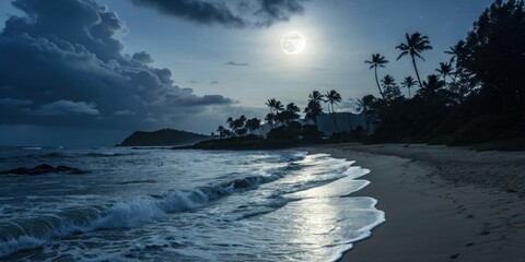 A beach at night with a bright moon shining over the ocean and palm trees visible