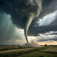 A colossal tornado spirals across a rural landscape under dramatic storm clouds lifting debris into the sky with violent force