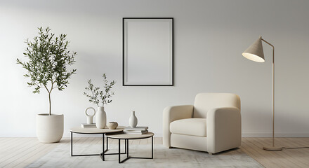 Modern living room with a comfortable armchair coffee tables and a potted olive tree
