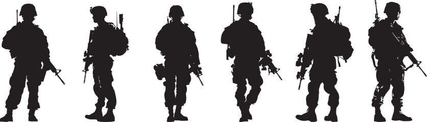 A black and white silhouette of a soldier in full gear, holding a rifle, against a plain white background.
