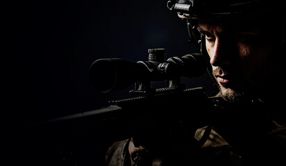 closeup face of a soldier aiming his target in darkness, war consept in hyper realistic illustration