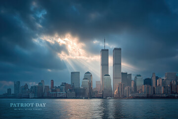 Skyline featuring Twin Towers under dramatic clouds, symbolizing