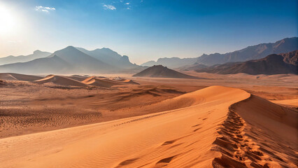 Warm Golden sand dunes under sunny day in desert United Arab Emirates. Empty warm sunlight desert 