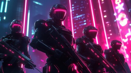 Cyberpunk soldiers in a neon-lit city
