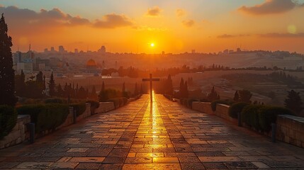 A cross stands at the end of a stone path leading to a sunset over a distant cityscape skyline view