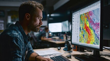 Scientists studying earthquake maps on computer screens in a lab. AI generated image