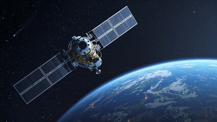 A futuristic telecommunication satellite with solar panels in orbit above planet Earth, a concept of global network and space exploration.