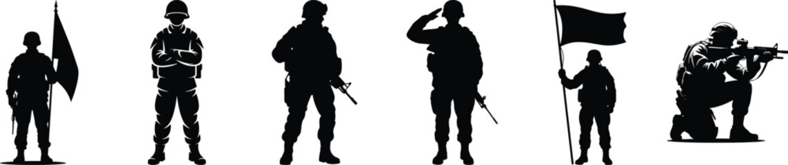 Silhouette vector illustration of soldier holding flag, saluting, and aiming rifle in various military poses.