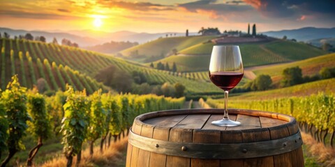 Glass of red wine resting on a wooden barrel in a picturesque vineyard in the Chianti region of Tuscany