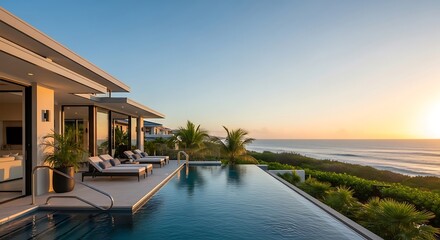 Luxury villa with infinity pool overlooking the ocean at sunset capturing a serene and idyllic