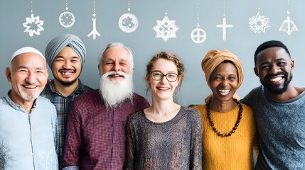 Group of people from different religions standing together, smiling, with symbols of unity and diversity. Concept: Interfaith harmony, unity, diversity, peace, respect, cultural inclusion, shared huma